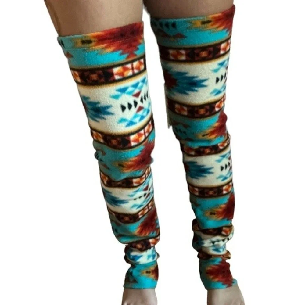 Tribal Aztec Fleece Thigh High Leg Warmers And Panty Set Warm Festival Clubwear